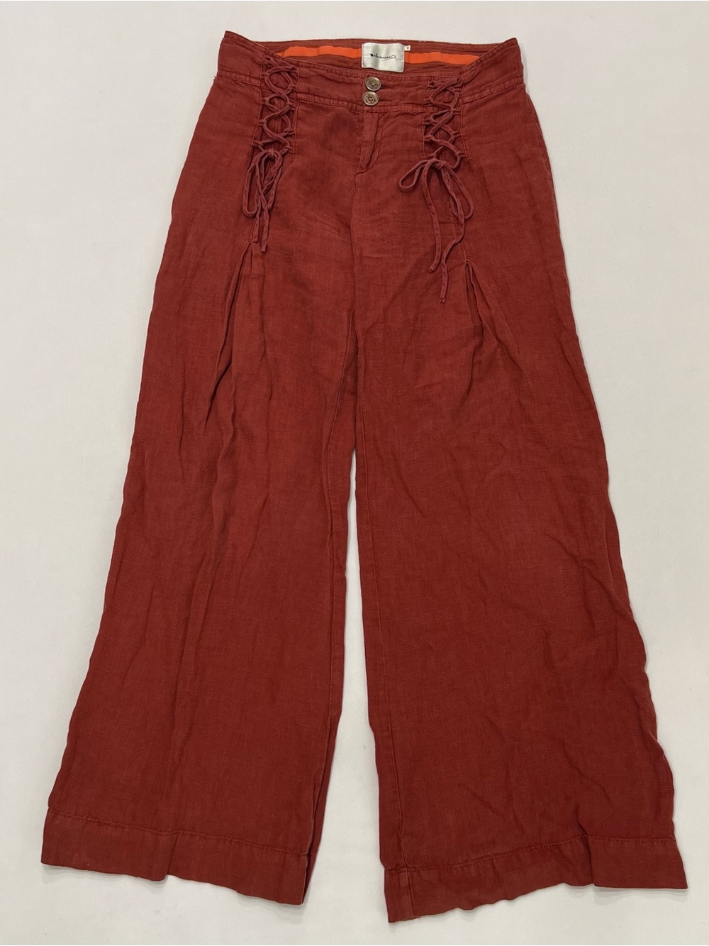 Anthropologie Elevenses Low Rise Wide Leg Corset Lace Up Pants Sz 2 Boho Linen